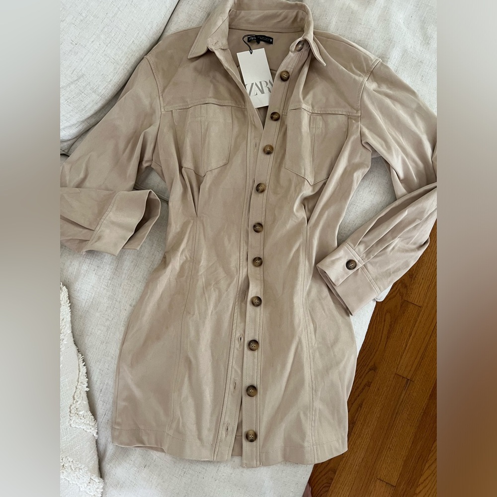 Zara Neutral Beige Button-Front Long Sleeve Dress